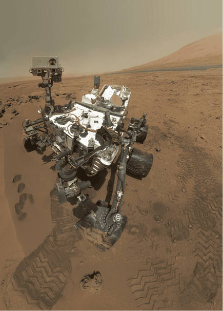 Self portrait of Curiosity in Gale Crater, Mars, with Mt. Sharp in the background. (NASA/JPL/MSSS)